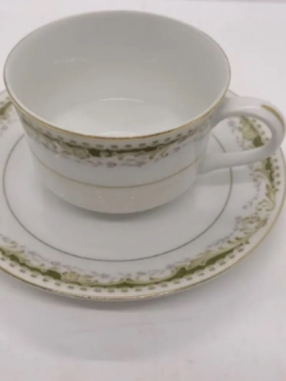 Porcelain Tea Cup and Saucer Set in White with Gold and Green Trim